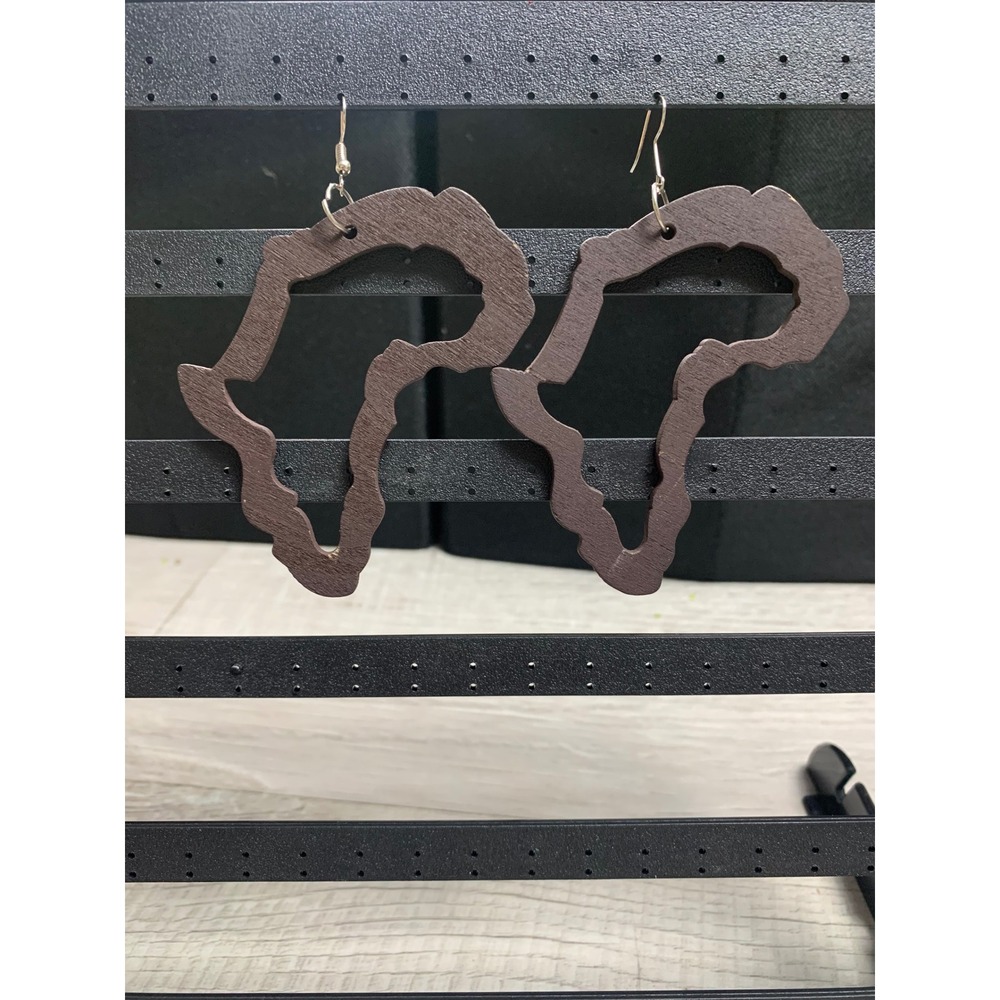 African Continent Wood Cutout Drop Earrings Brown Statement Boho Ethnic Jewelry